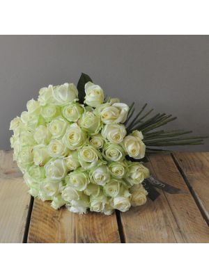 50 White Avalanche rose in bouquet
