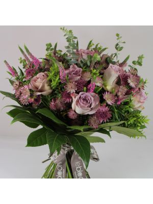 Bouquet of Memory lane roses, pink astrantia and pink veronica