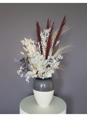 Dried Arrangement with feather grass, bunny tails, red eucalyptus.