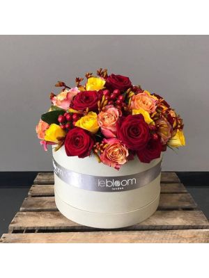 Mix of Yellow, Red and Peach Rose Hatbox with kangaroo paw flowers